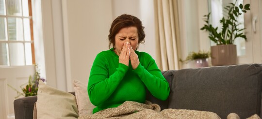 Frau in grünem Pullover sitzt auf dem Sofa und niest in ein Taschentuch, eine Decke liegt über ihren Beinen; im Hintergrund sind Zimmerpflanzen und ein Fenster zu sehen.