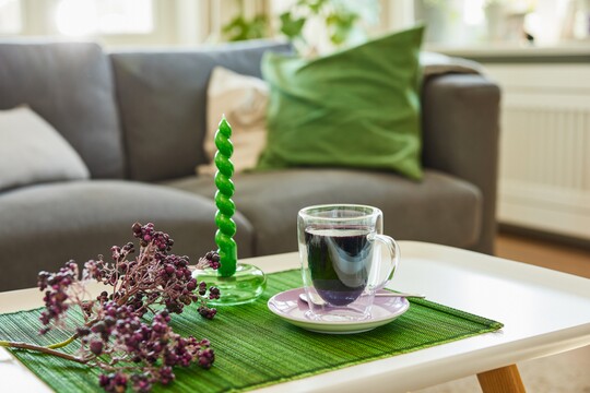 Nahaufnahme eines Wohnzimmertisches mit einer Glas-Tasse voll Holundersaft auf einem grünen Platzset. Daneben steht eine gedrehte grüne Kerze in einem Kerzenhalter und ein dekorativer Zweig mit lila Holunderbeeren. Im Hintergrund ist ein graues Sofa mit grünen Kissen zu sehen.